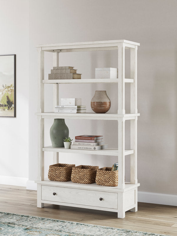 H742-70 Antiqued White Bookcase — 4 Shelves & Storage Drawer