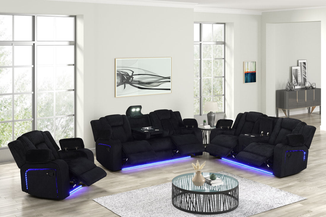 Hulk10 Black 3PC Reclining Set — Drop-Down Table & LED Lighting