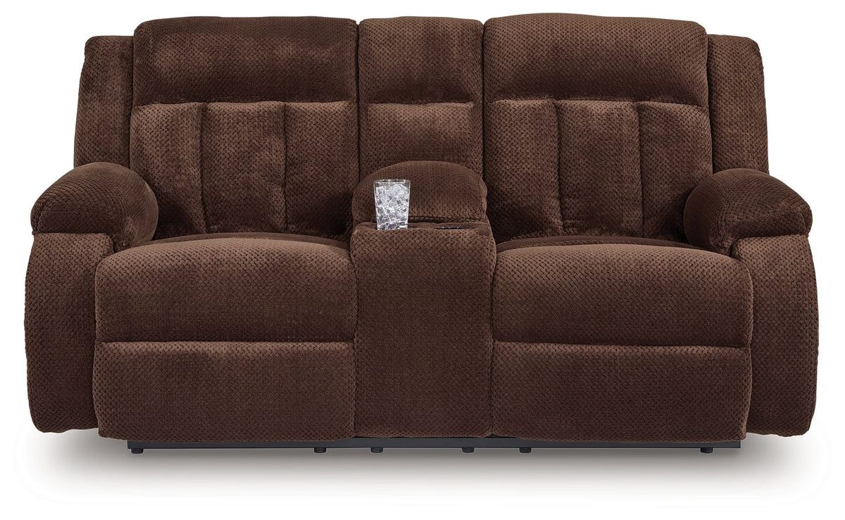 Free Wake - Double Relcining Power Loveseat With Console - Chocolate — view 3