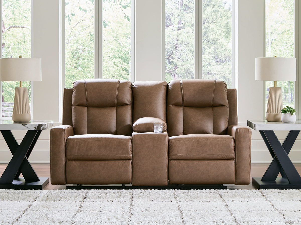 Mackmenville - Double Reclining Loveseat With Console - Caramel — view 2