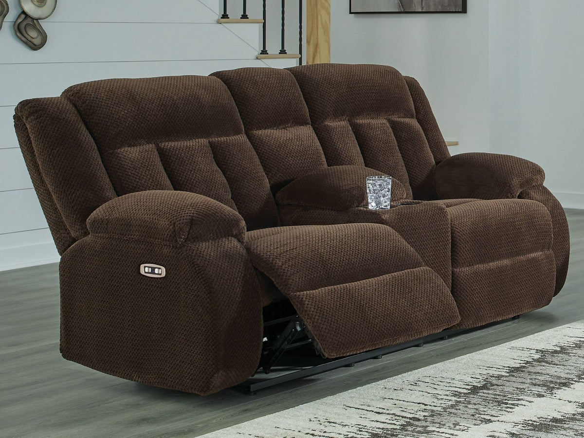 Free Wake - Double Relcining Power Loveseat With Console - Chocolate — view 2