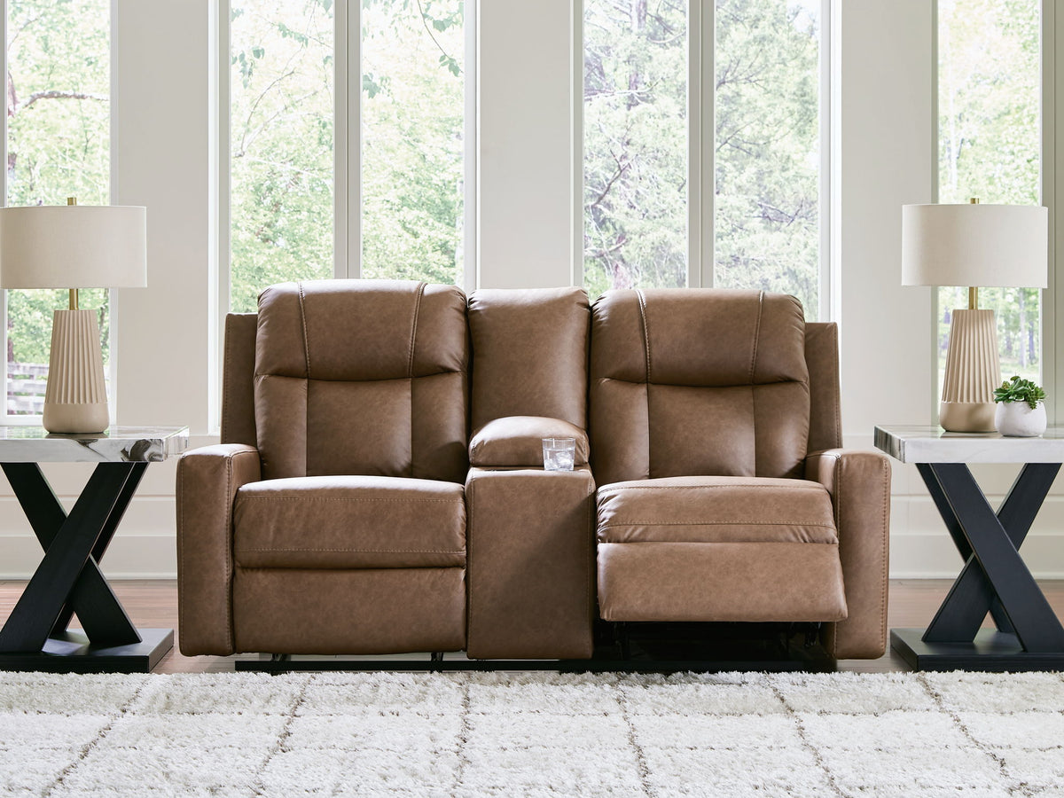 Mackmenville - Double Reclining Loveseat With Console - Caramel — view 6