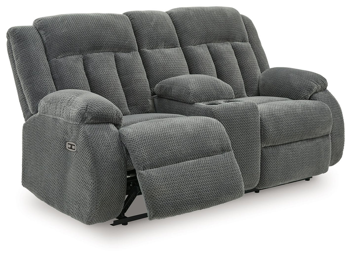 Observation - Double Reclining Power Loveseat With Console - Steel — view 3