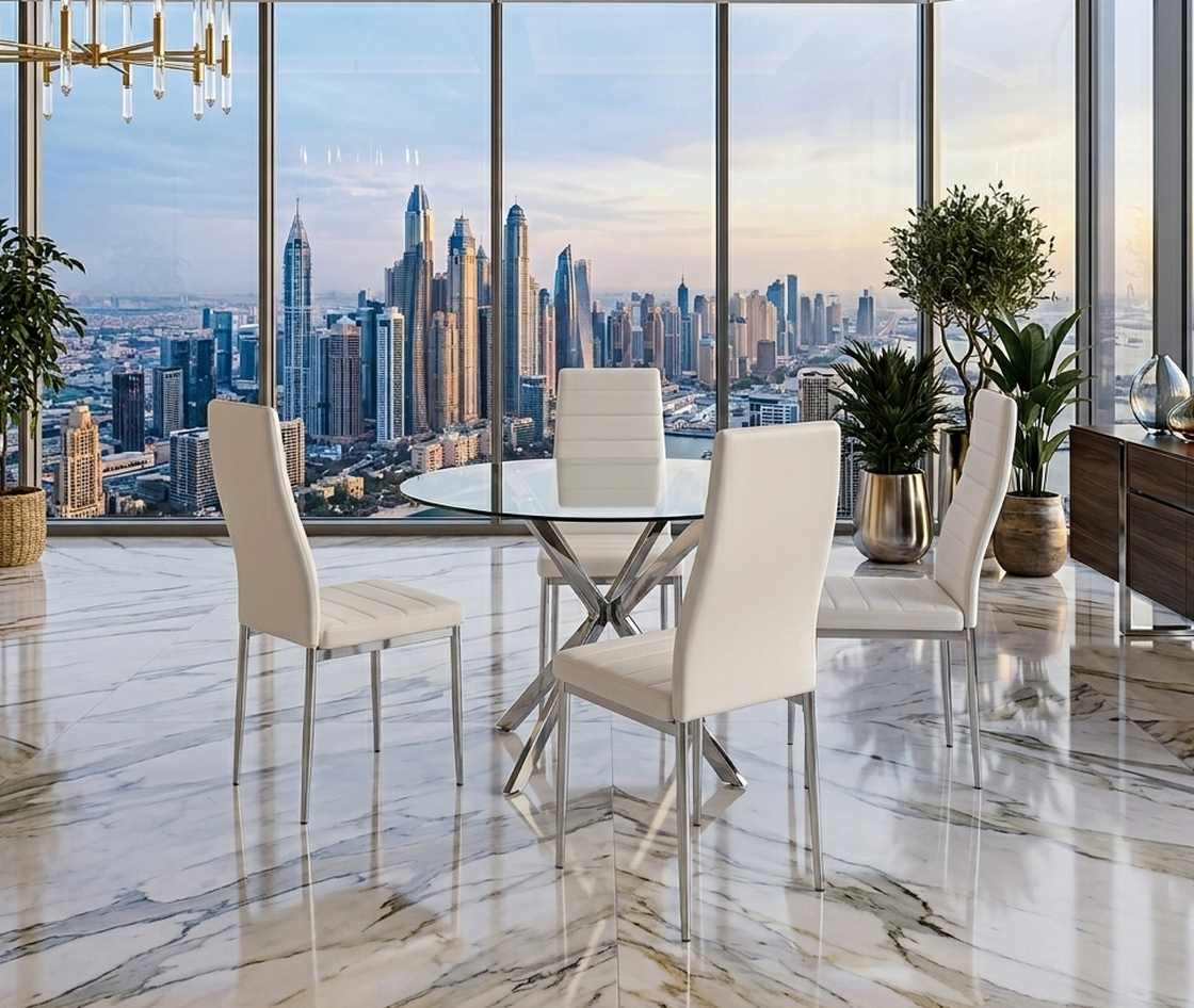 D108 White Dining Set — Glass Table & 4 Chairs