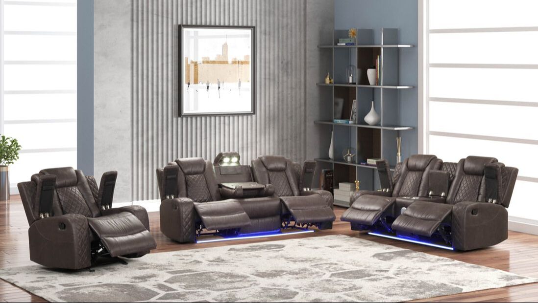 Luz Chocolate 3PC Reclining Set — Drop-Down Table & Bluetooth Speaker