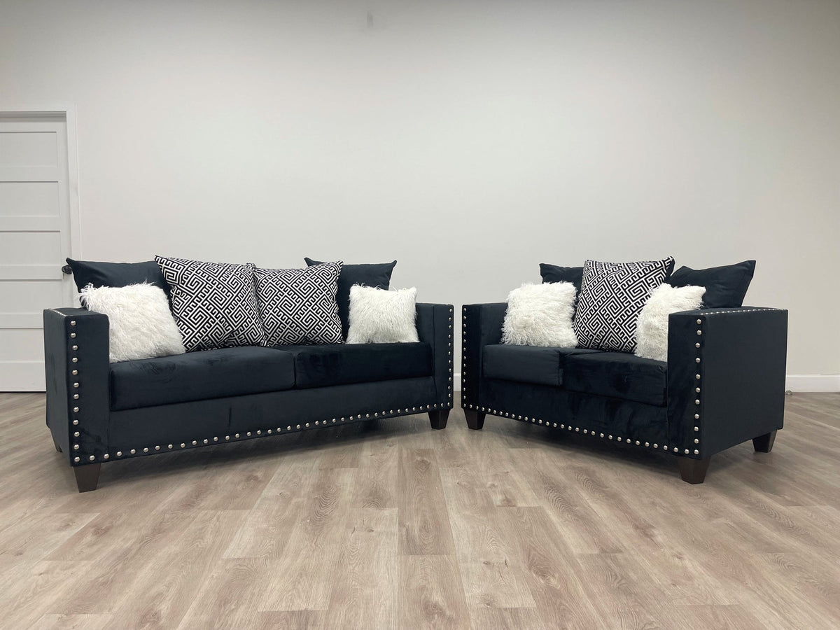 210 Black 2PC Sofa & Loveseat — Pillows Included