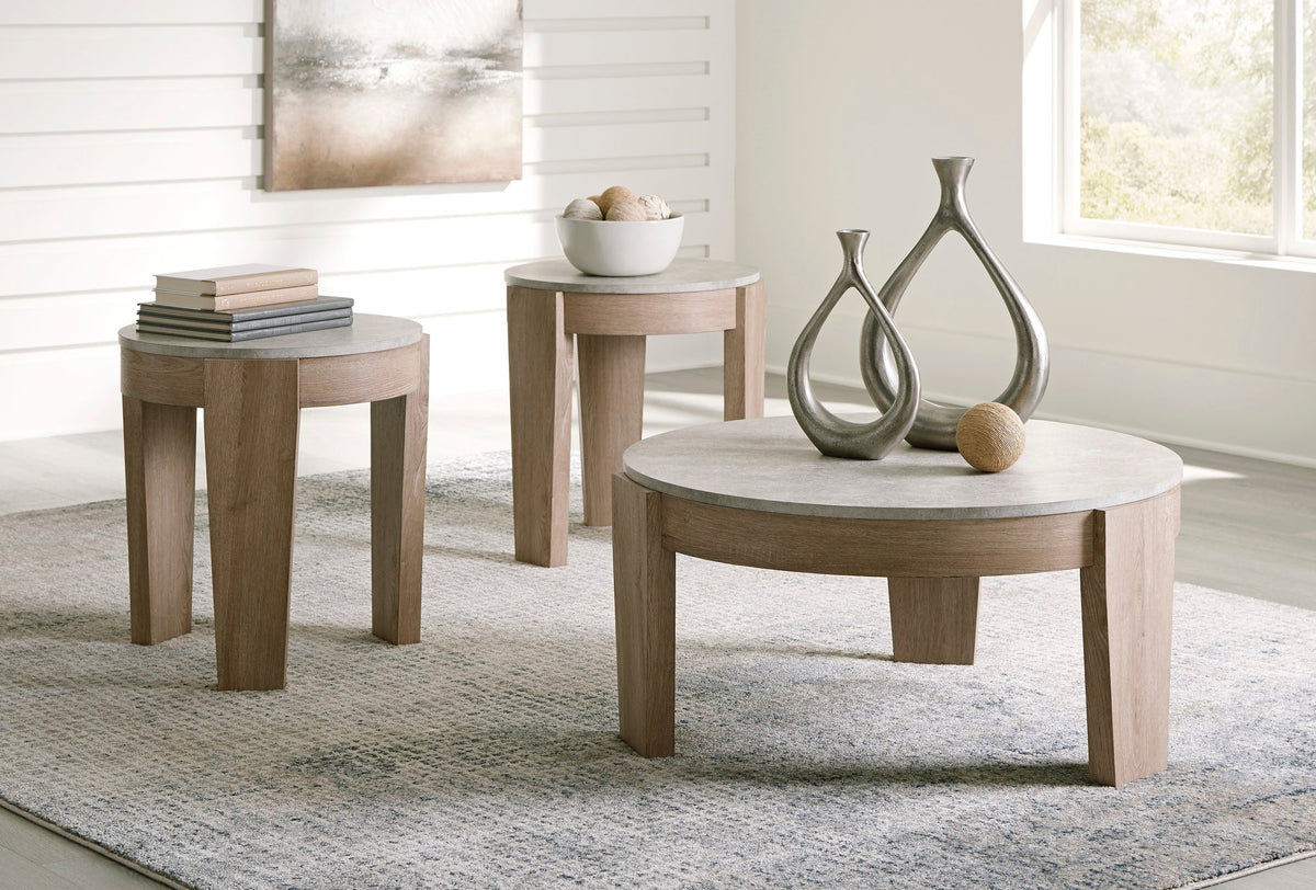 Ashley T237-13 Occasional Table Set — Faux Cement Tops & Natural Wood Finish