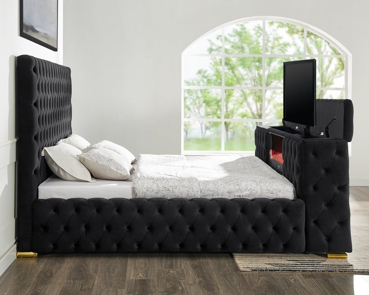 Future Platform Bed — LED Fireplace & Bluetooth Speakers