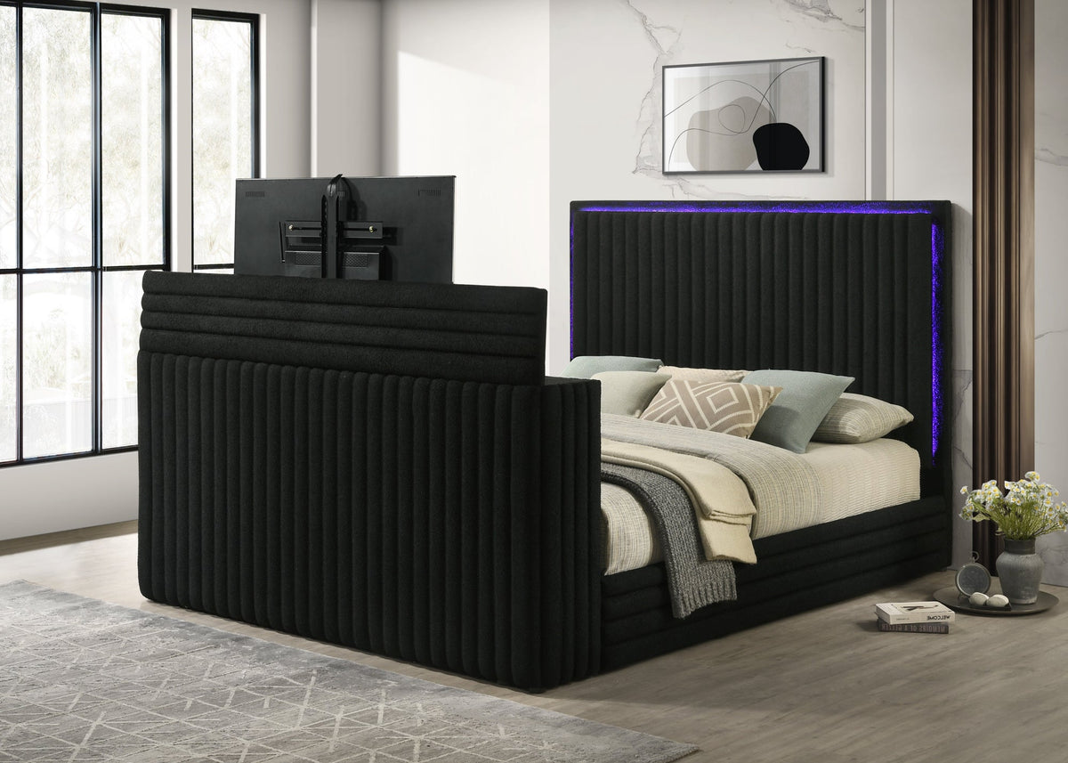 Villa Black Queen Platform Bed — LED Fireplace & Bluetooth Speaker