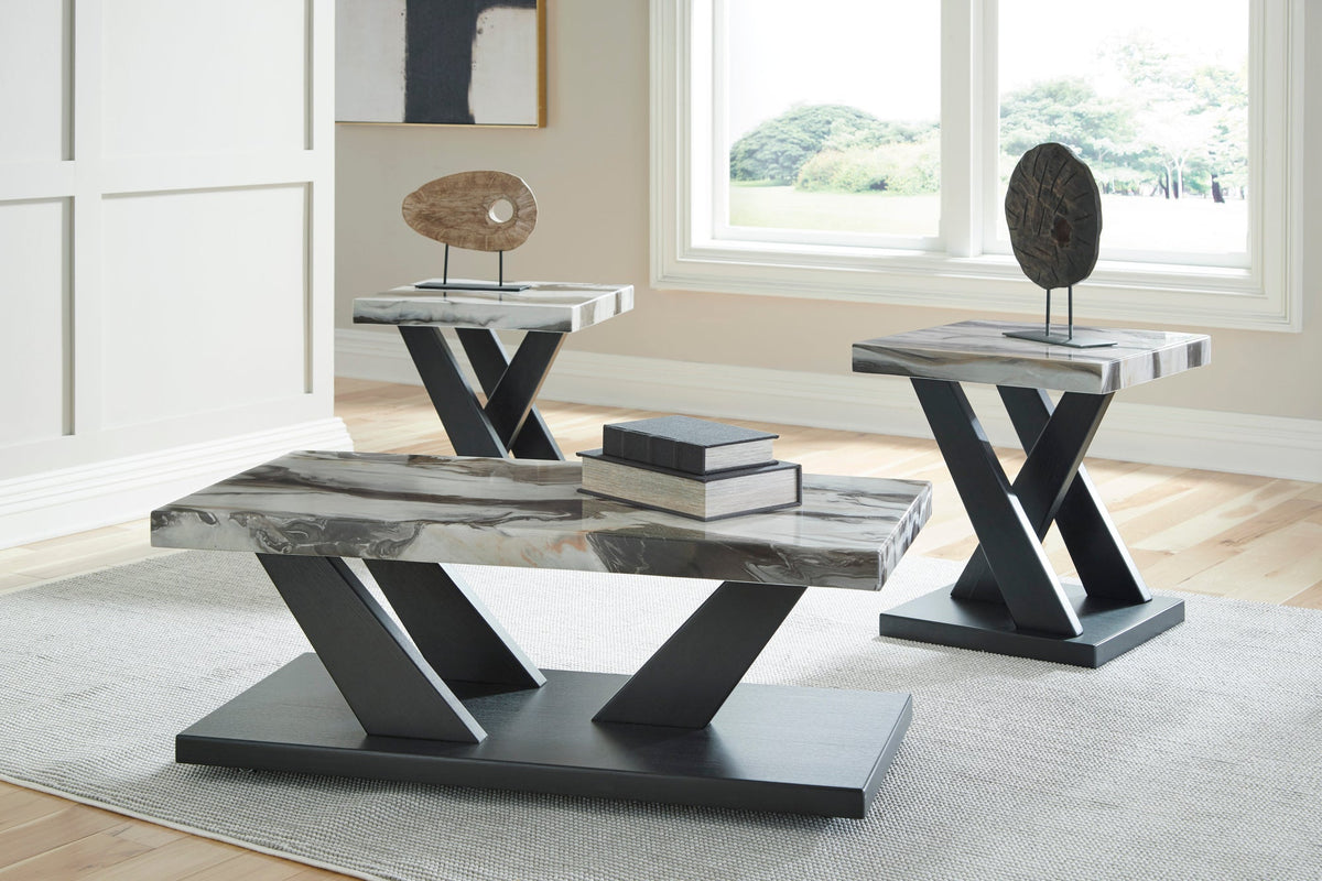 Ashley T403-13 Occasional Table Set — Faux Marble Tops & Casters
