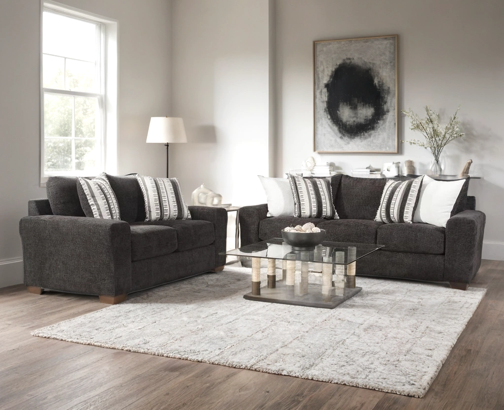 Behold 2535 Black Sofa & Loveseat Set — 4 Accent Pillows Included
