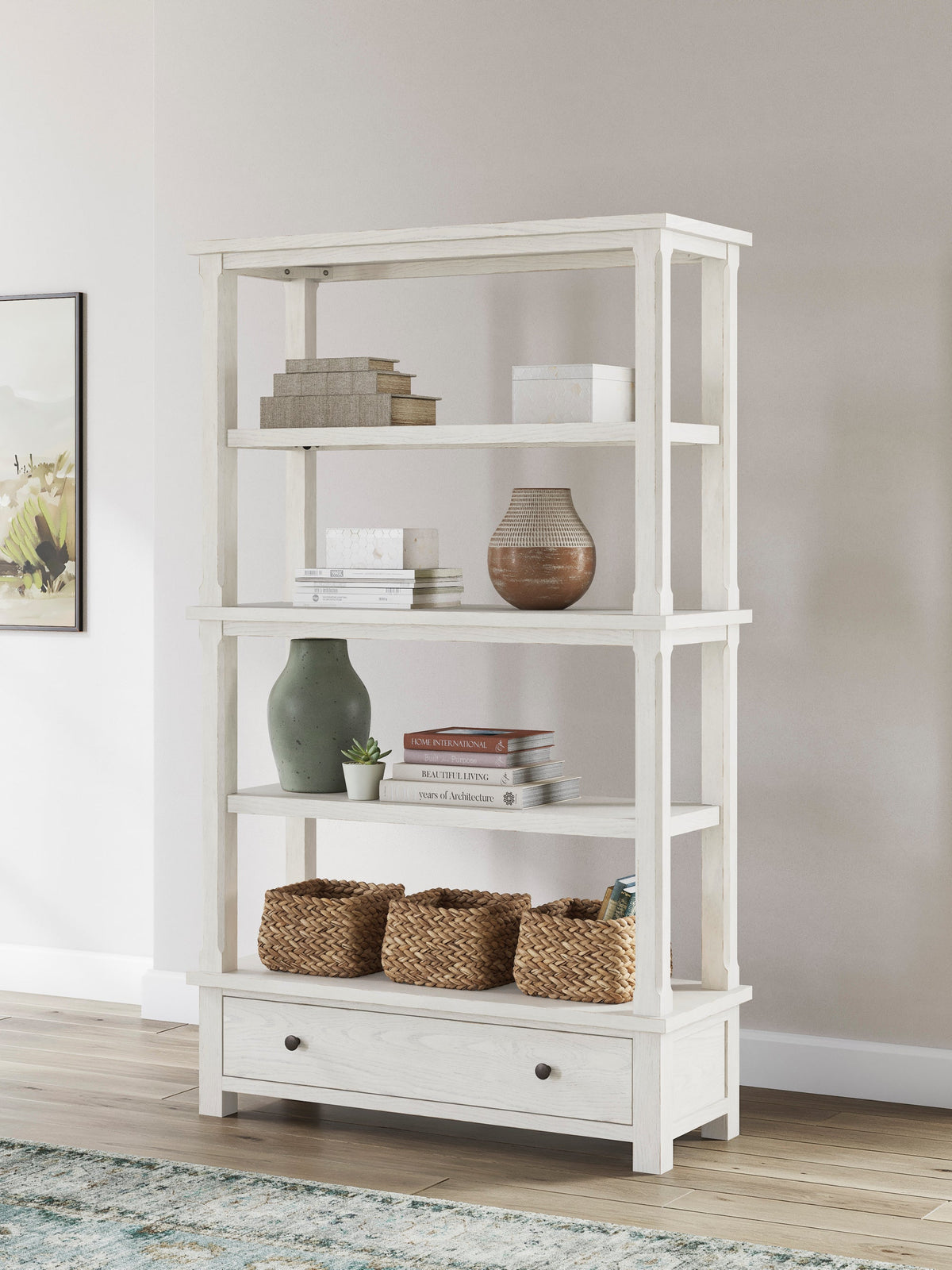 H742-70 Antiqued White Bookcase — 4 Shelves & Storage Drawer