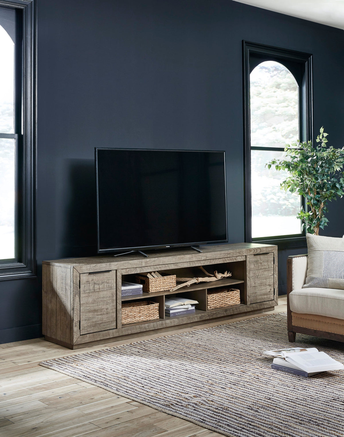 W760-78 Weathered Gray TV Stand — 92" with Adjustable Shelves