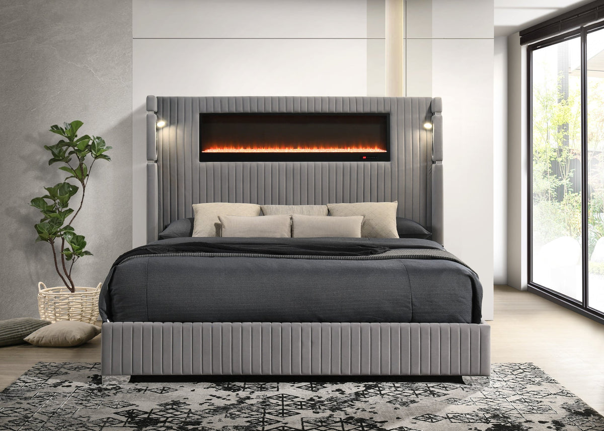 Romance2 Platform Bed — Fireplace Display & Bluetooth Headboard