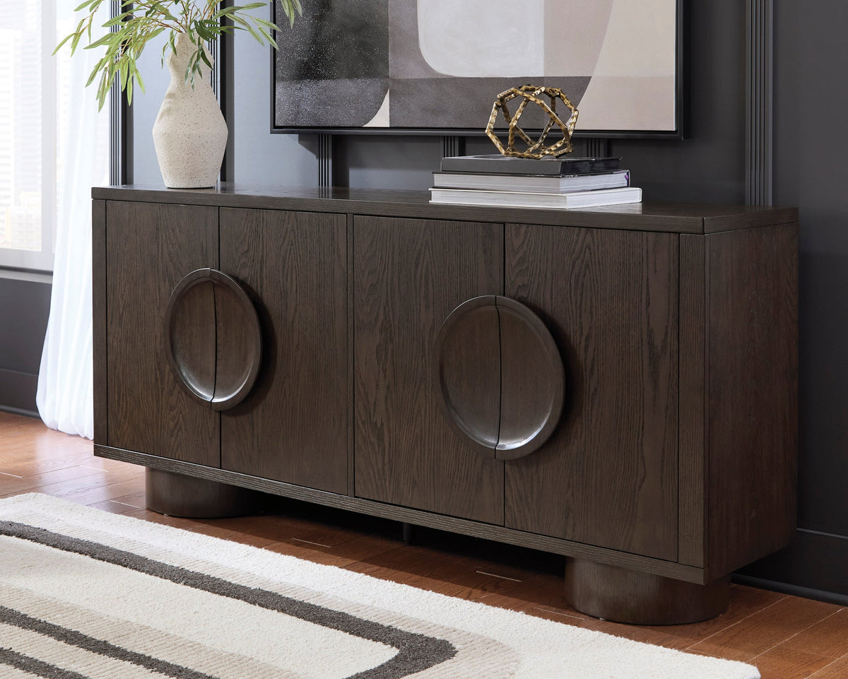 Ashley A4000703 Dark Brown Accent Cabinet — 4 Soft-Close Doors, 72"L