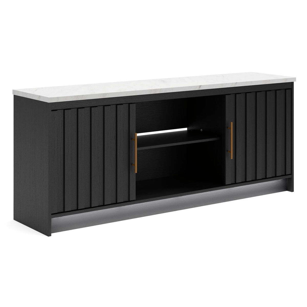 W2616-468 Matte Black TV Stand — Marble Top & Optional Fireplace
