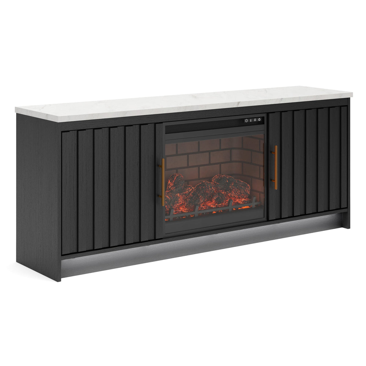 W2616-468 Matte Black TV Stand — Marble Top & Optional Fireplace