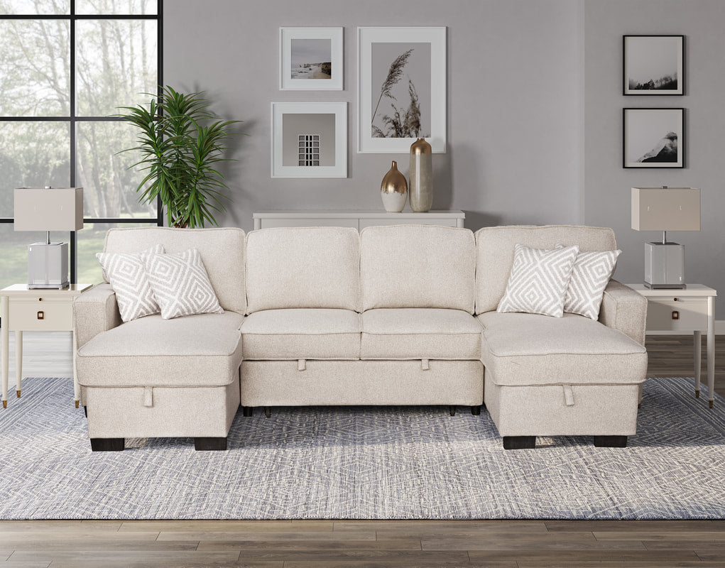 Sahara Beige Double Chaise Sectional — Storage & Drop-Down Cupholders