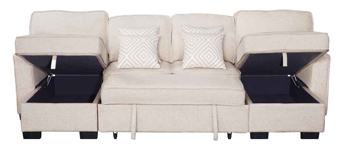 Sahara Beige Double Chaise Sectional — Storage & Drop-Down Cupholders