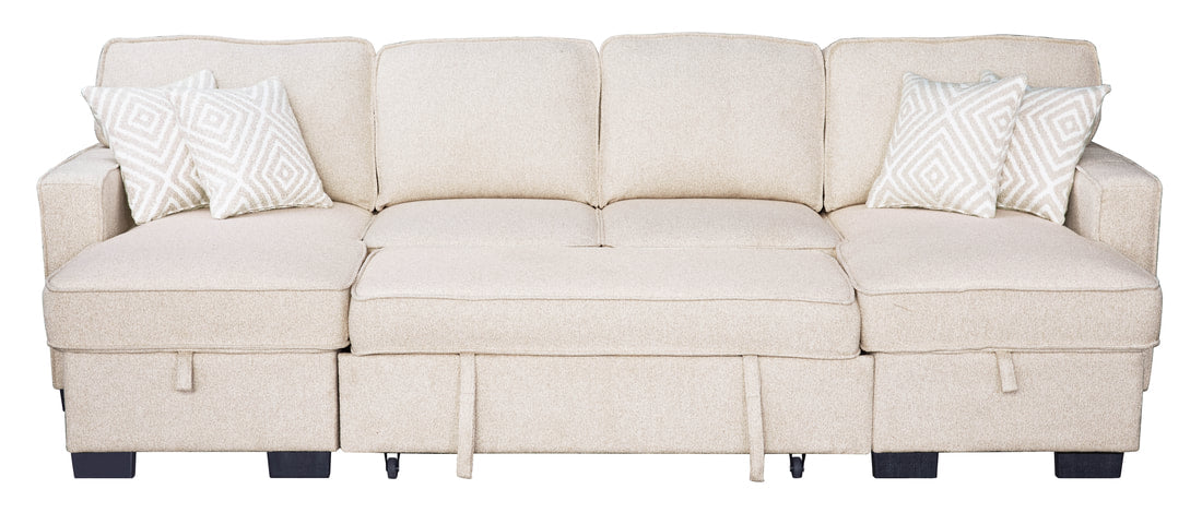 Sahara Beige Double Chaise Sectional — Storage & Drop-Down Cupholders