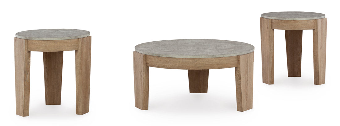 Ashley T237-13 Occasional Table Set — Faux Cement Tops & Natural Wood Finish