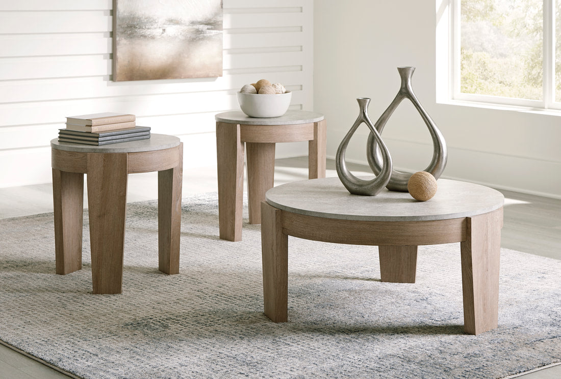 Ashley T237-13 Occasional Table Set — Faux Cement Tops & Natural Wood Finish