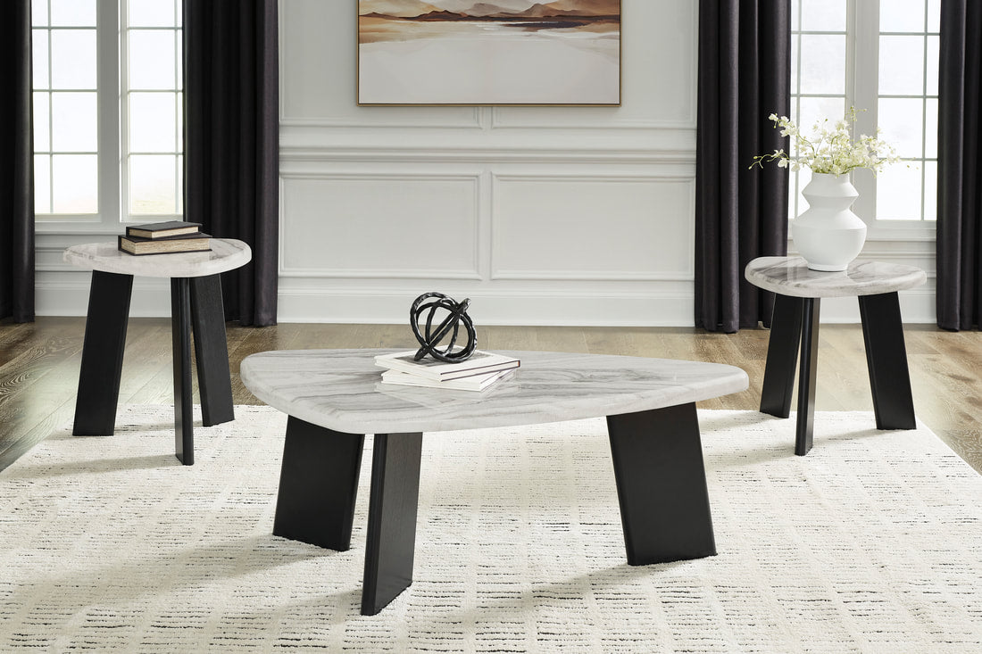 Ashley T389-13 Occasional Table Set — 3-Piece Faux Carrara Marble Top