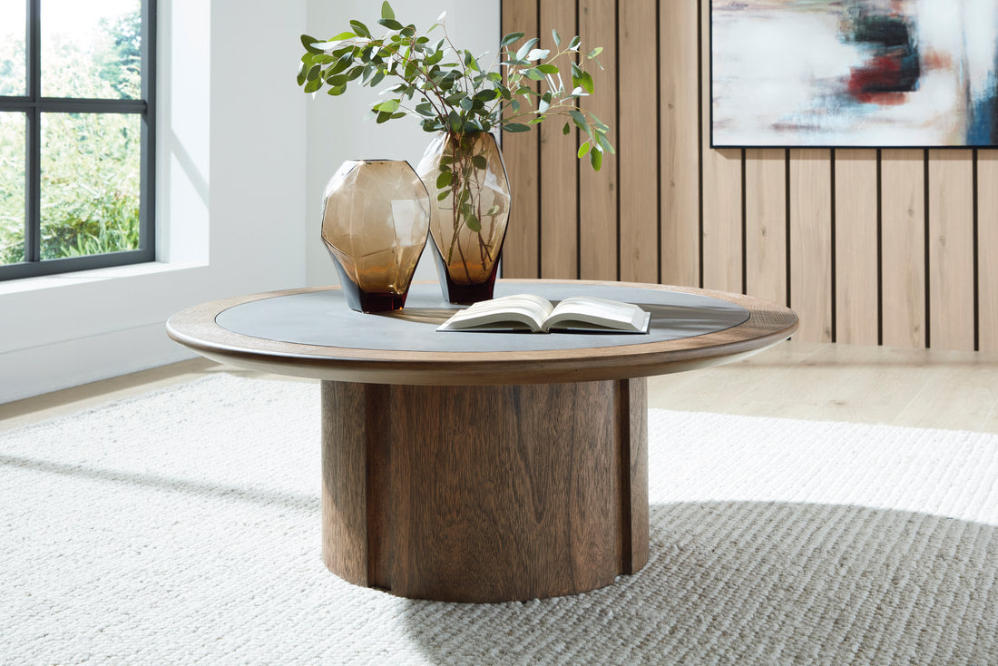 Ashley T563-8 Cocktail Table — Faux Cement Inset & Round Base