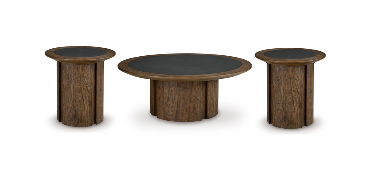 Ashley T563 Occasional Table Set — Faux Cement Inset & Round Base